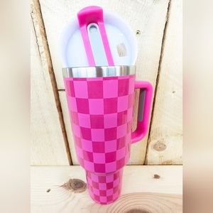 40oz stainless steel thermos/to go cup with lid - pink checkered